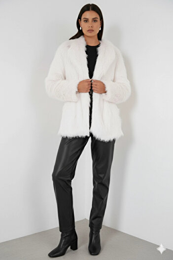 hazelin Women's White Belt Detailed Lined Plush Fur Coat Hzl25W-Bd191561