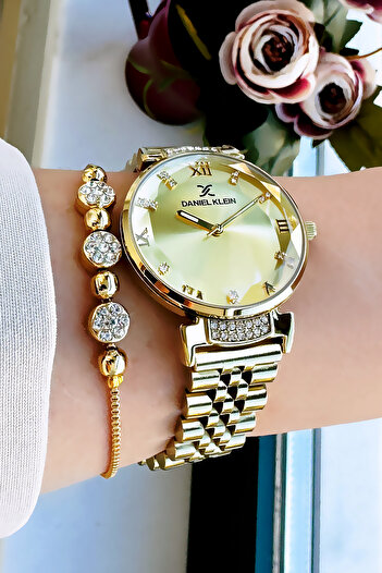 Daniel Klein Original Women's Wristwatch, Cut Glass Waterproof Gold Color Steel Band - Bracelet Gift Dkby2050C3