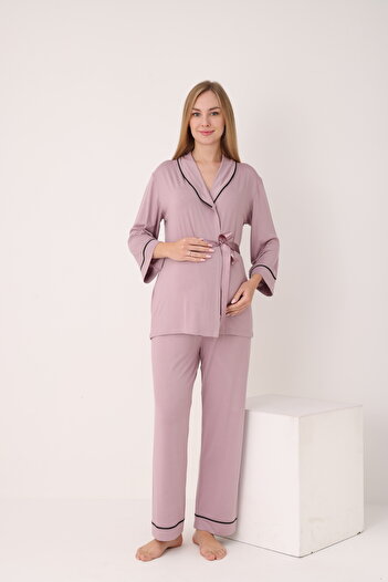 Miss Dünya Lissa Önden Bağlamalı Geniş Şerit Yakalı Hamile ve Lohusa Pijama Takımı
