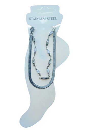 Cozyce Silver Color Italian Cylinder Pearl Metal Steel Anklet- 3490