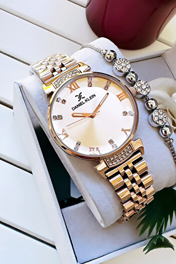 Daniel Klein Original Women's Wristwatch, Cut Glass Waterproof Rose Color Steel Band - Bracelet Gift Dkby2050C7