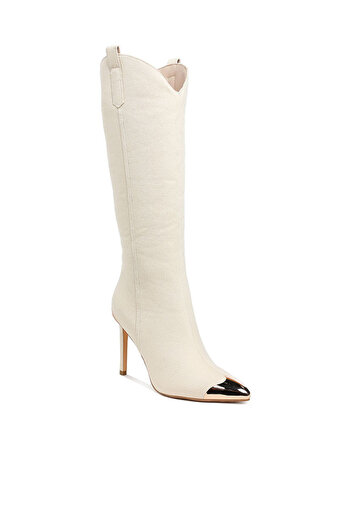 london Rag Women Metallic Cap Toe Denim Boots in Beige