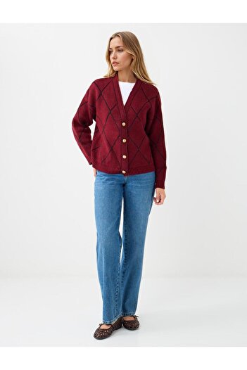 Jimmy Key Burgundy Straight Cut V-Neck Knitwear Cardigan