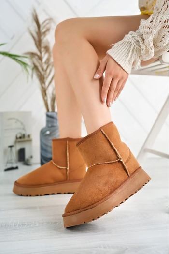 BS BEYAZ SHOES Дебела подплатена подметка (4 см височина) Глезен (8 см височина) Средно дълги ботуши Ugg с кожена подплата