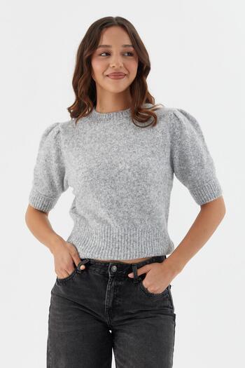 Shopping Shop Short Balloon Sleeve Knit Blouse Gray