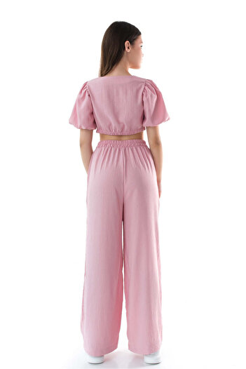 SOLLUXE FIANNA - Wide fabric set with crop blouse and wide pants, pink, 158