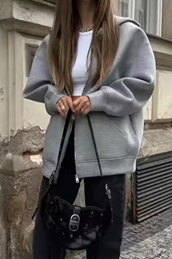 Karakedi Gray Melange Thick Fabric Y2K Unisex Hooded Cardigan