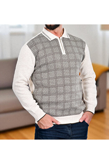 Kamalı Men's Knitwear Knitted Shirt Collar Zippered Polo Neck Striped Non-Pilling Winter Sweater