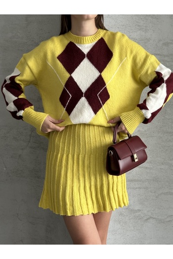 Knitoryx Women's Diamond Patterned Knitwear Sweater Skirt Set – Oversize Model |
