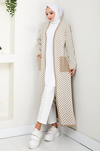 Bestenur Stripe Detailed Knitwear Cardigan 1604 - Stone