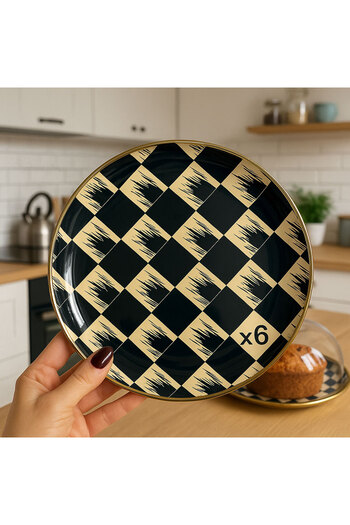 SİHİRLİ AYAKLAR Truva Dama Patterned 8-Piece Cake Set Black-Cream Enamel Stylish Serving Tray 32X32 cm