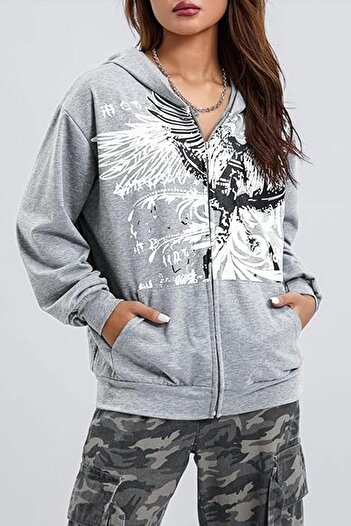 Karakedi Grey Melange Gothic Wings Tribal Harajuku Y2K Hooded Unisex Cardigan