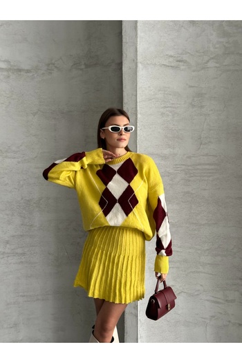 Knitoryx Women's Diamond Patterned Knitwear Sweater Skirt Set – Oversize Model |