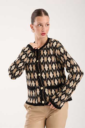 ŞEYDA ERTEM Black Color Beige Patterned Cardigan with Side Pockets