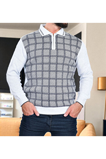 Kamalı Men's Knitwear Knitted Houndstooth Shirt Collar Zippered Polo Neck Anti-Pilling Winter Sweater