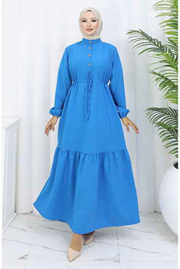 sefamerve Beli Lace-Up Half Button Dress 0182-03 Turquoise