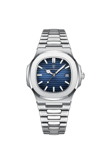 POEDAGAR Quartz Wristwatch Luminous Hands Steel Analog Business Silver Blue