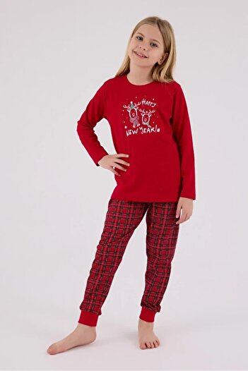 Arnetta 100% Cotton Circular Neck Christmas Themed Plaid Pattern Long Sleeve Girls' Pajama Set