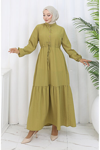 sefamerve Lace-Up Half-Button Dress 0183-04 Oil Green