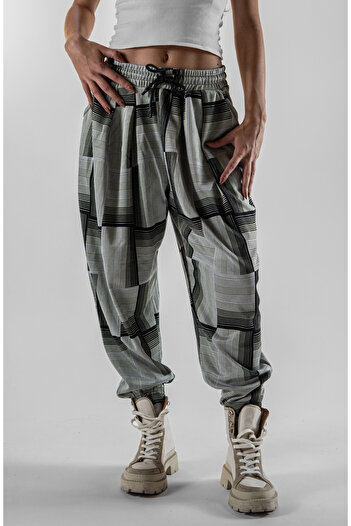 Superbluemexico Women's Pleated Plaid Patterned Trousers with Elasticated Cuffs