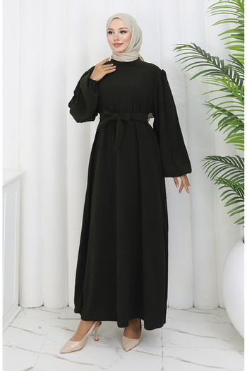 sefamerve Belted Dress with Elasticated Sleeves 2161-05 Khaki