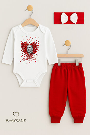 BABYDEN'S Ataturk Printed Long Sleeve 3-Piece Red and White Baby Set Body, Pants and Bandana with Bow Detail