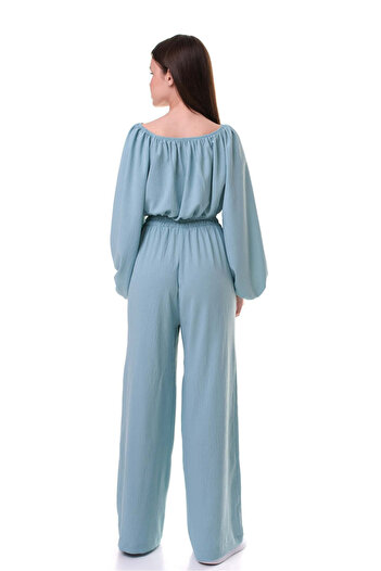SOLLUXE ISLA - Set made of airy material, crop top and wide pants, blue, 134