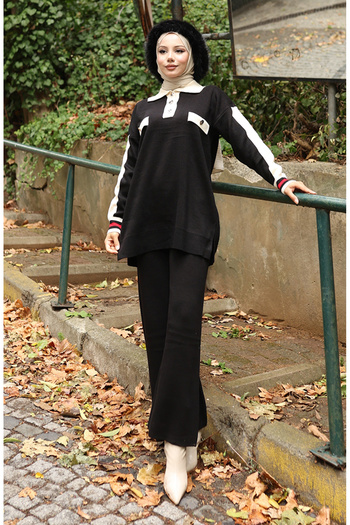 sefamerve Knitwear Polo Neck Tunic Trousers Double Suit 1048-04 Black