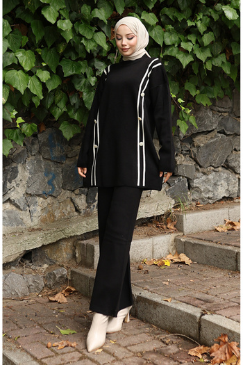 sefamerve Knitwear Buttoned Tunic Trousers Double Set 1128-08 Black