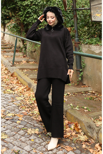 sefamerve Knitwear Fur Collar Tunic Trousers Double Suit 1059-03 Black