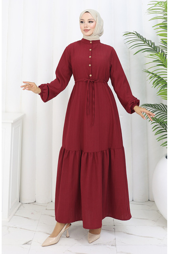 sefamerve Beli Lace-Up Half-Button Dress 0183-03 Burgundy