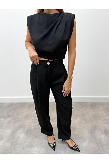 Maldia Shop Women's Padded Drape Detail Bottom Top Black Pants Set