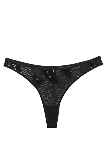 Akbeniz Women's Black Sequined Shiny 2-Piece Thong