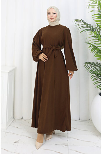 sefamerve Elastic sleeve belted dress 2161-02 brown