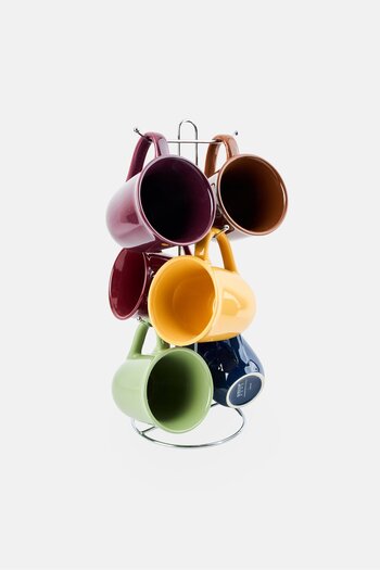 Gibson Home 7 Pieces Stoneware Mug Set With Metal Rack, Multicolor