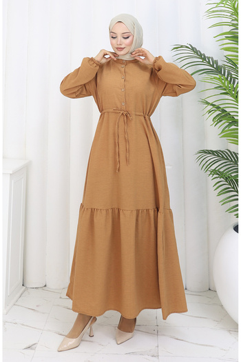 sefamerve Beli Lace-Up Half Button Dress 0182-04 Tan