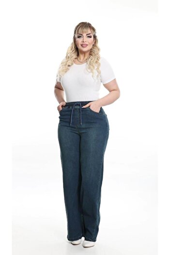 LİYACA Elastic Waist High Waist Loose Leg Large Size Denim Jeans