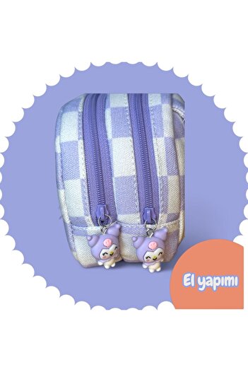 BABUN 8 Parça Sanrio Büyük Geniş Kapasiteli İki Bölmeli Kuromi Kalemlik Kalem Kutu Kırtasiye Seti Damalı