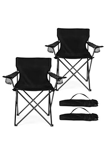 Cady One Set of 2 Black Folding Camping and Travel Chairs with Arms and Cup Holder