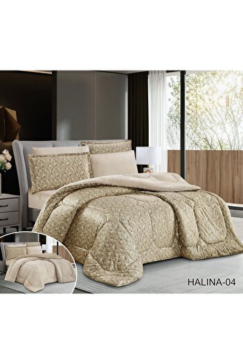 Roshen 6-piece double-sided winter bedspread set, one plain velvet side and one patterned fur side, luxury for you and elegance for your room decor, size 220*240