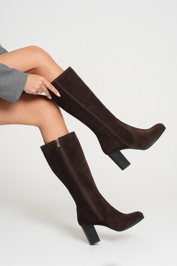 ANALİN SHOES Women's Genuine Leather Heeled Suede Boots - Brown