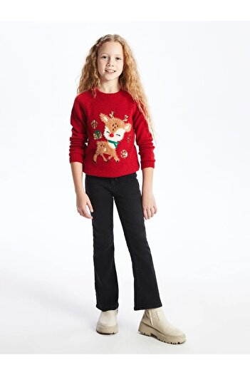 LC Waikiki Lcw Kids Red Crew Neck Christmas Themed Long Sleeve Girls' Knitwear Sweater