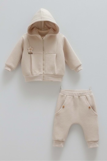 DIGERUI Good Vibes Star Detail Hooded Three-Piece Bottom-Up Set Brown