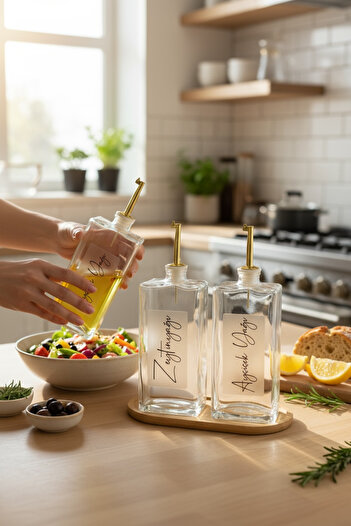 zezedesing 2'li Gold Kapaklı Cam Standlı Ayçiçek ve Zeytinyağı Etiketli Sosluk Sirkelik Yağdanlık Seti 750ML