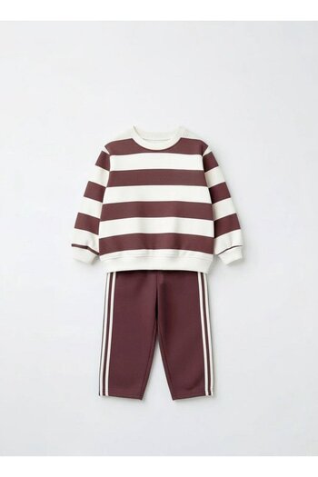 Magu Unisex Kids Cotton Brown Striped Sweatshirt and Striped Sweatpants Set - Relaxed Fit
