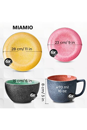 MIAMIO Dinner service for 6 people, complete set of 24 pieces, Las Palmitas collection, ceramic, multicolor