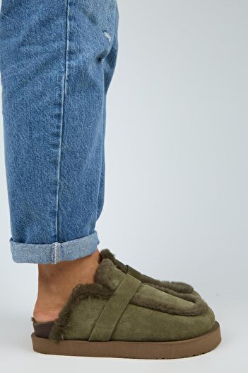 Manijero (Ecemi Platform) Papuci pentru femei din piele naturală, cu platformă, din shearling, papuci kaki