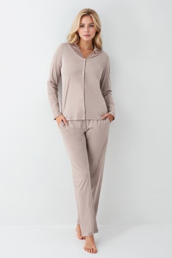 Pierre Cardin Women's Cotton & Modal Lace Detailed Long Sleeve Pajama Set (Socks Gift) Ol.Pc.911.6.001