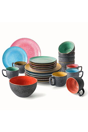 MIAMIO Dinner service for 6 people, complete set of 24 pieces, Las Palmitas collection, ceramic, multicolor