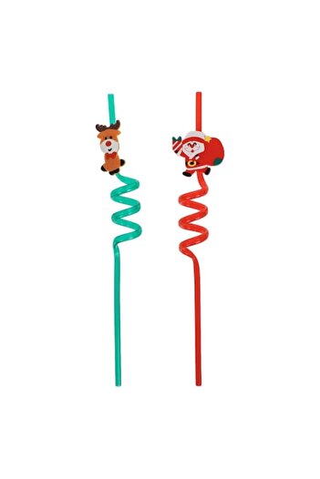 SHOPIENS Reusable Twisted Straws, Set of 2, Plastic, Santa Claus and Reindeer, Red and Green, 6x270mm